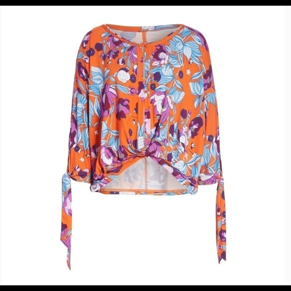 Free People Keepin On the Tie Side Orange Floral Oversized Top Size S - Picture 5 of 6